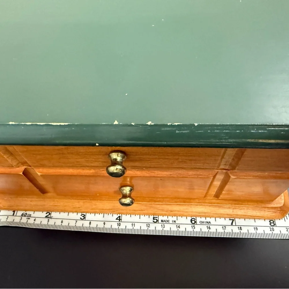 Vintage‎ solid Wooden jewelry Storage Box with Green Lid Mirror & two drawers